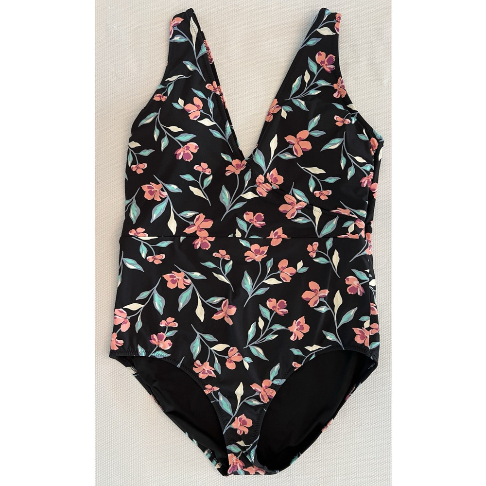 LANDS END SZ 16 Black Floral EUC‎ Beach Summer Vacation Pool Luxury V Neck Boat